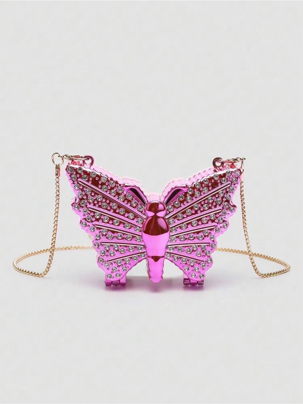 Shiny Pink Metallic Butterfly Mini Crossbody Bag with Crystal Accents